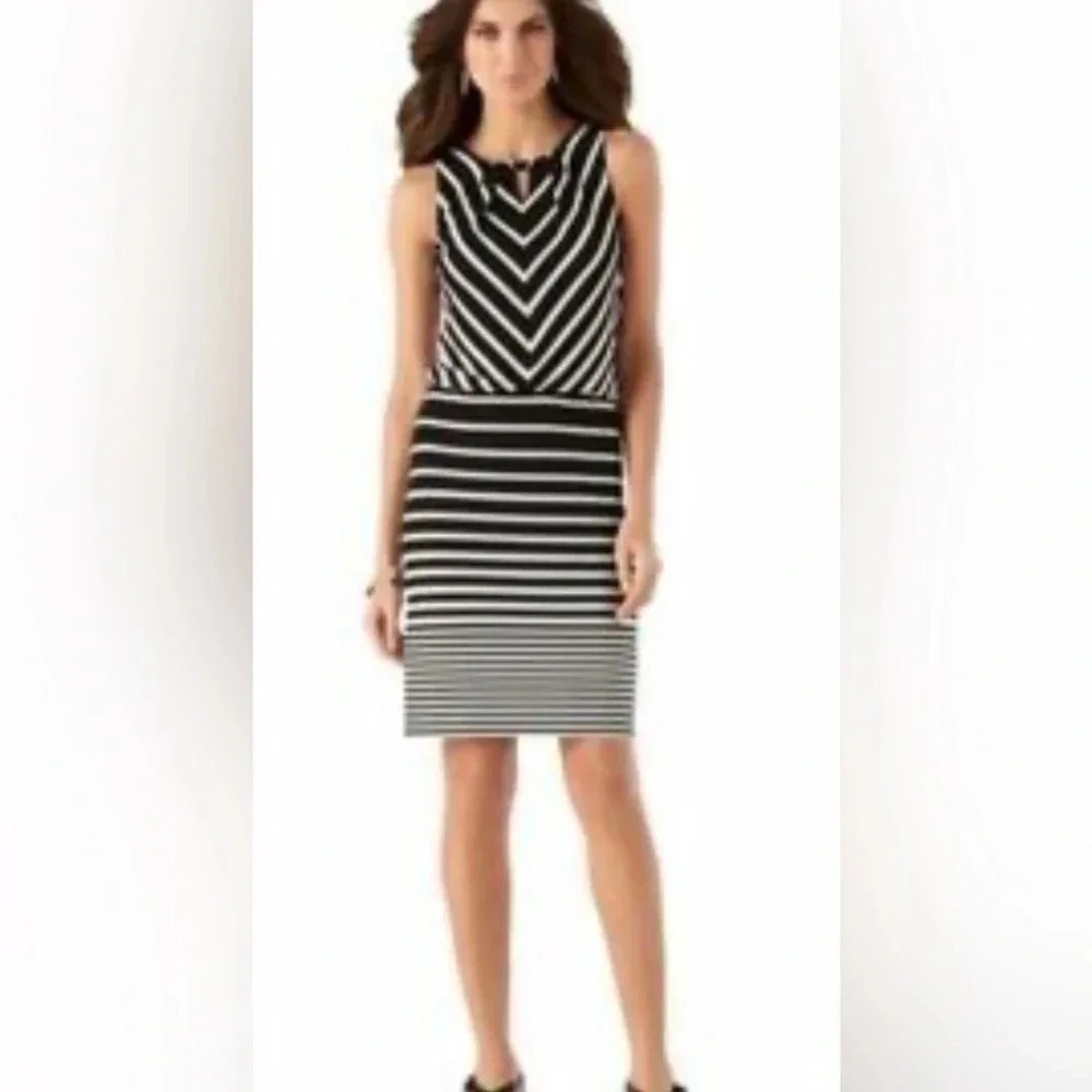 White House Black Market Sleeveless Blouson Dress Size Medium Striped WHBM